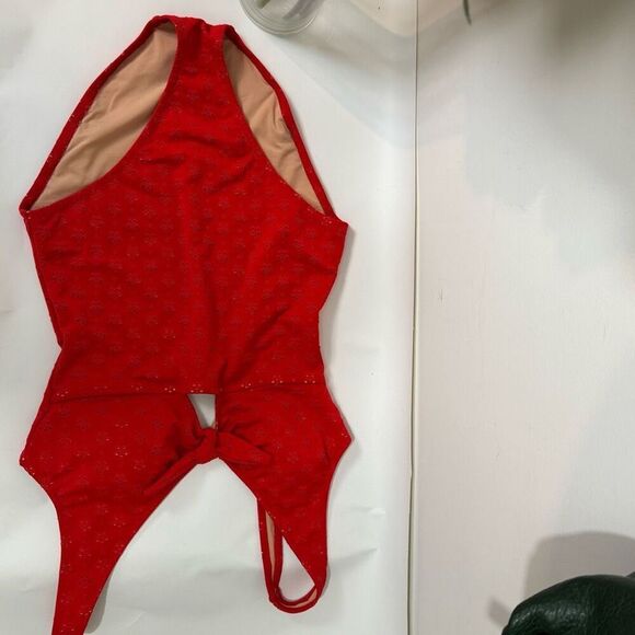 J. CREW FACTORY swimsuit | red eyelet tie front cut out | size medium - Picture 9 of 11
